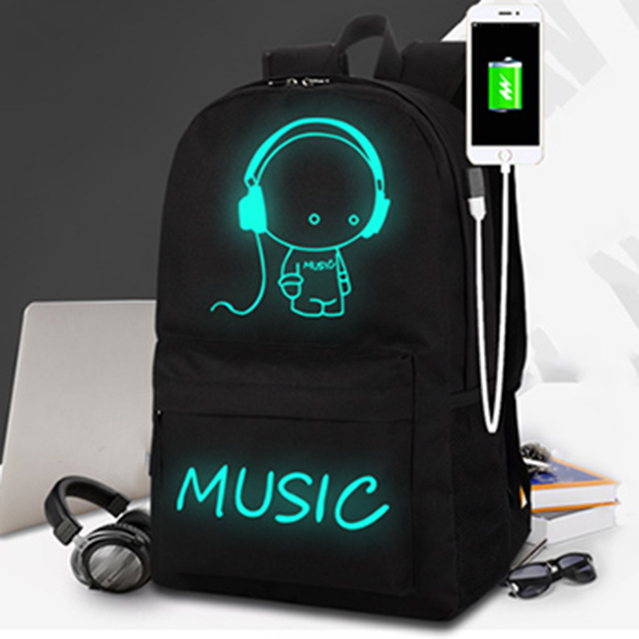 School Backpack, Unisex Lightweight Water-resistant Luminous Daypack Schoolbag Bookbag with USB Charging Port for Boys Girls Teens Students, Black